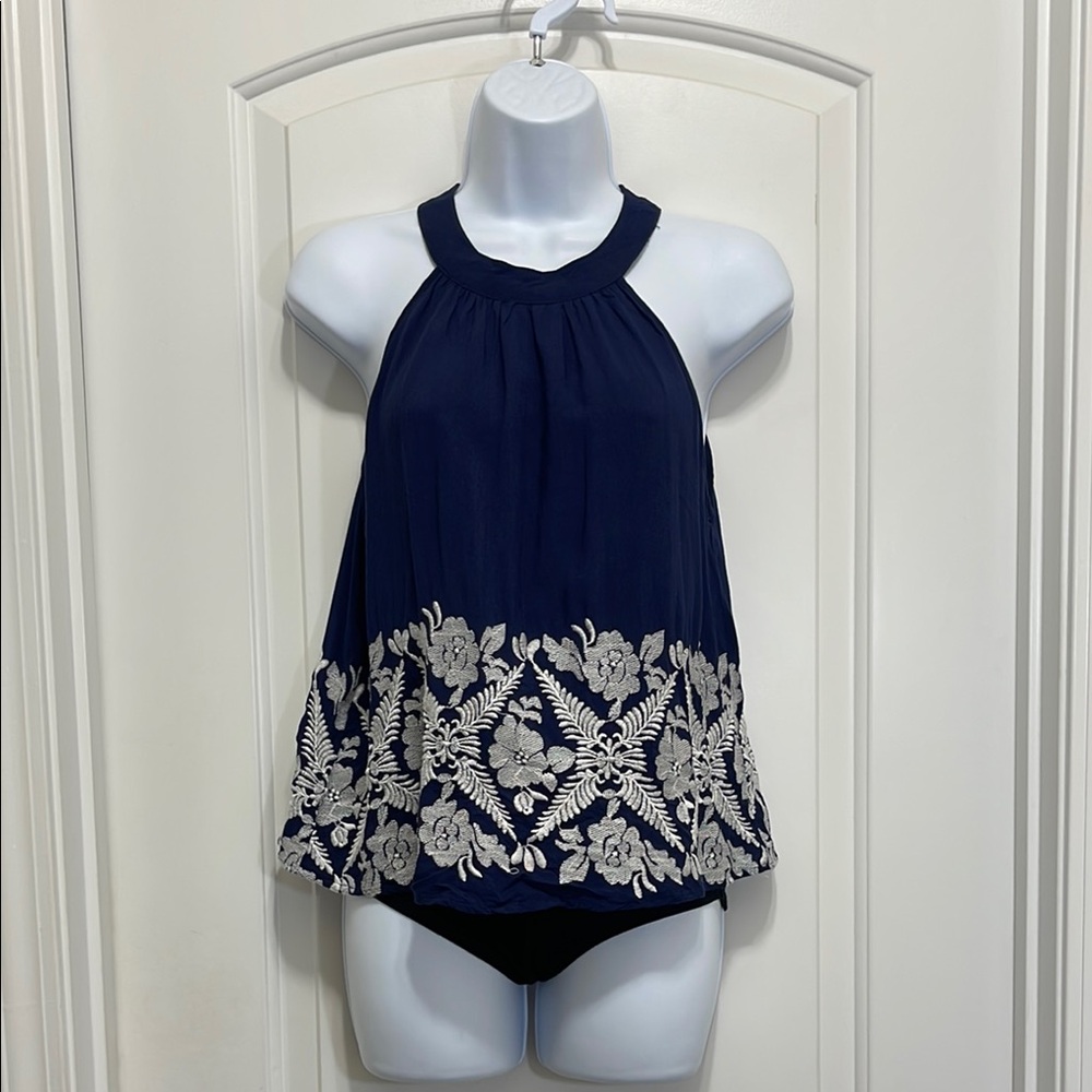 Navy Halter Top with White Floral Embroidery
